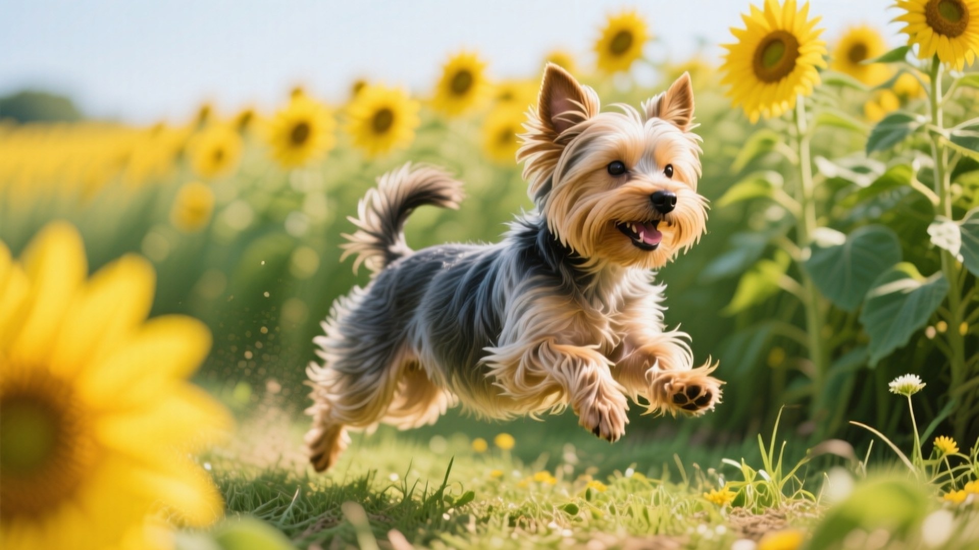 Sunflower Sprint 壁紙 — 一隻快樂的約克夏㹴在陽光明媚的日子裡跳過向日葵田。