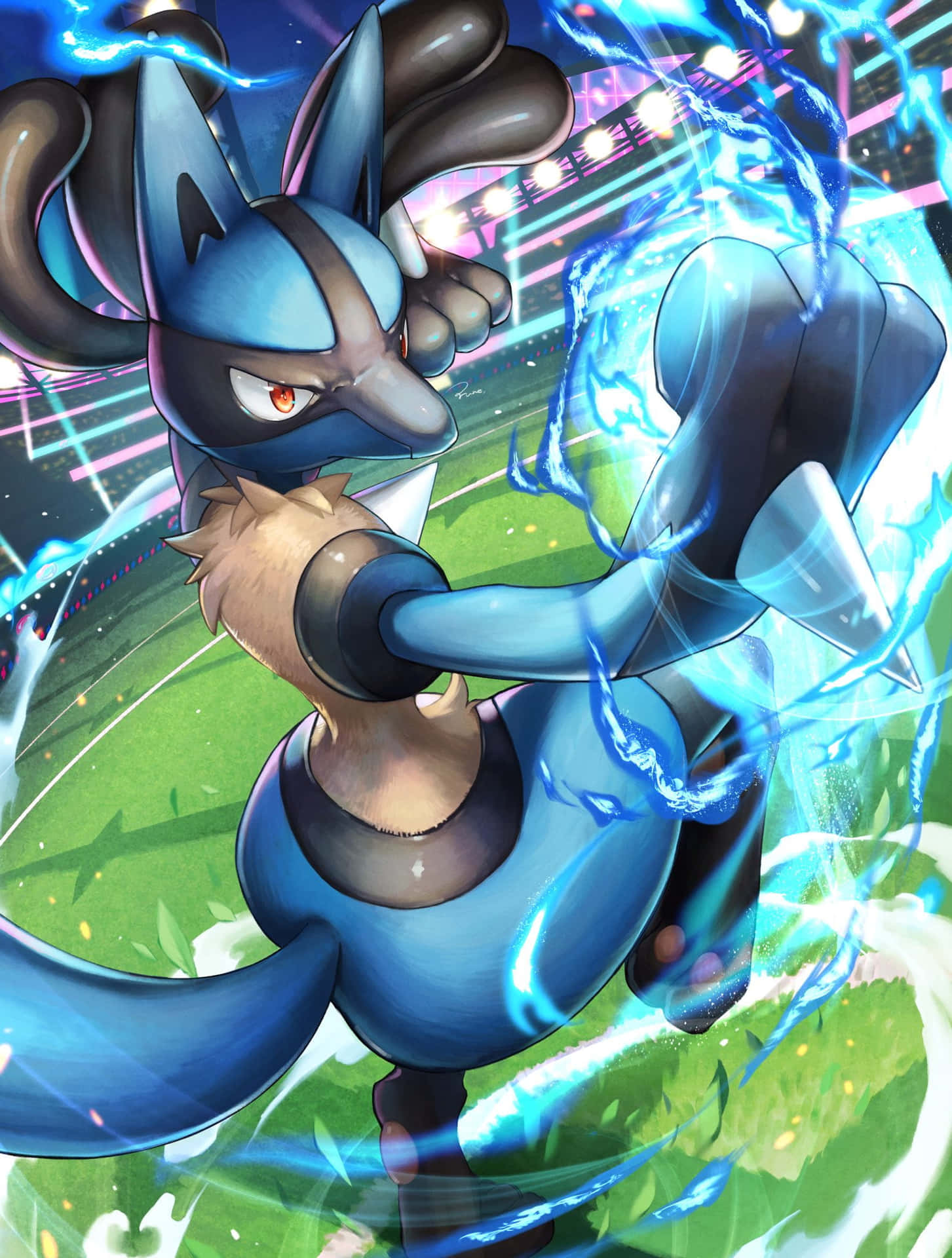 藍黑色的路卡利歐在霓虹燈照亮的體育館中蓄力電擊拳。 — Pokémon 手機 壁紙