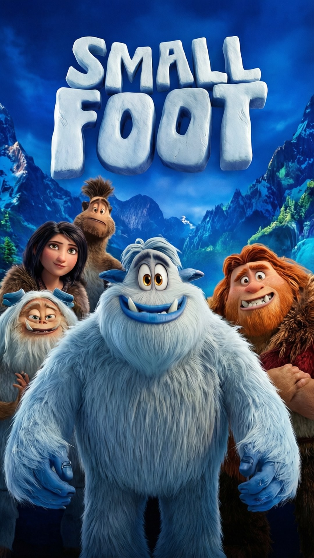 Official Movie Poster 壁紙 — 一隻藍毛雪怪站在正中央，與四位動畫朋友一起，背景是白雪覆蓋的山脈和深藍色的天空。