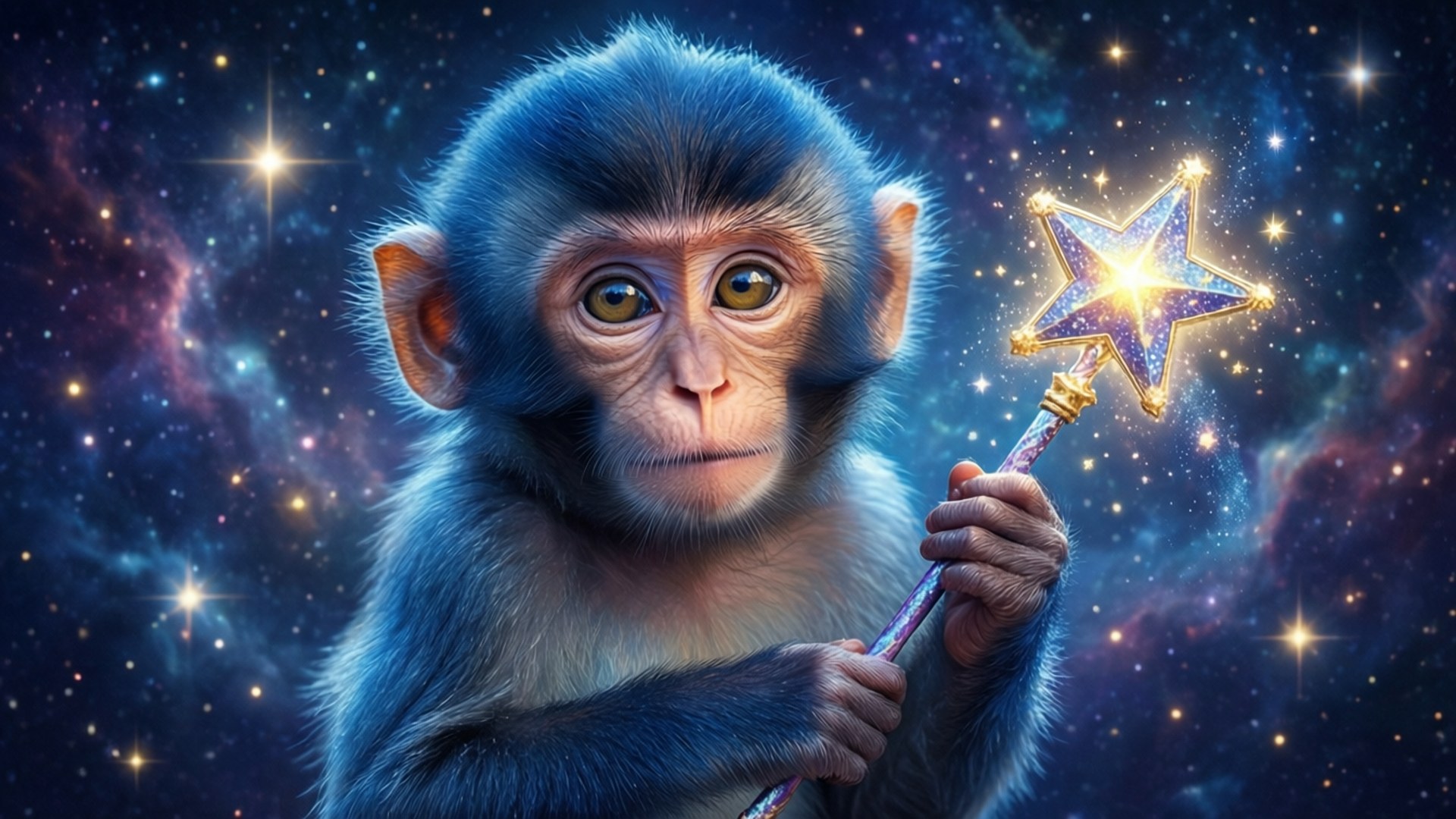 Cosmic Star Monkey 壁紙 — 一隻藍色毛髮的猴子在充滿星星和星雲的鮮豔宇宙背景下，拿著一根發光的星星頂端魔杖。