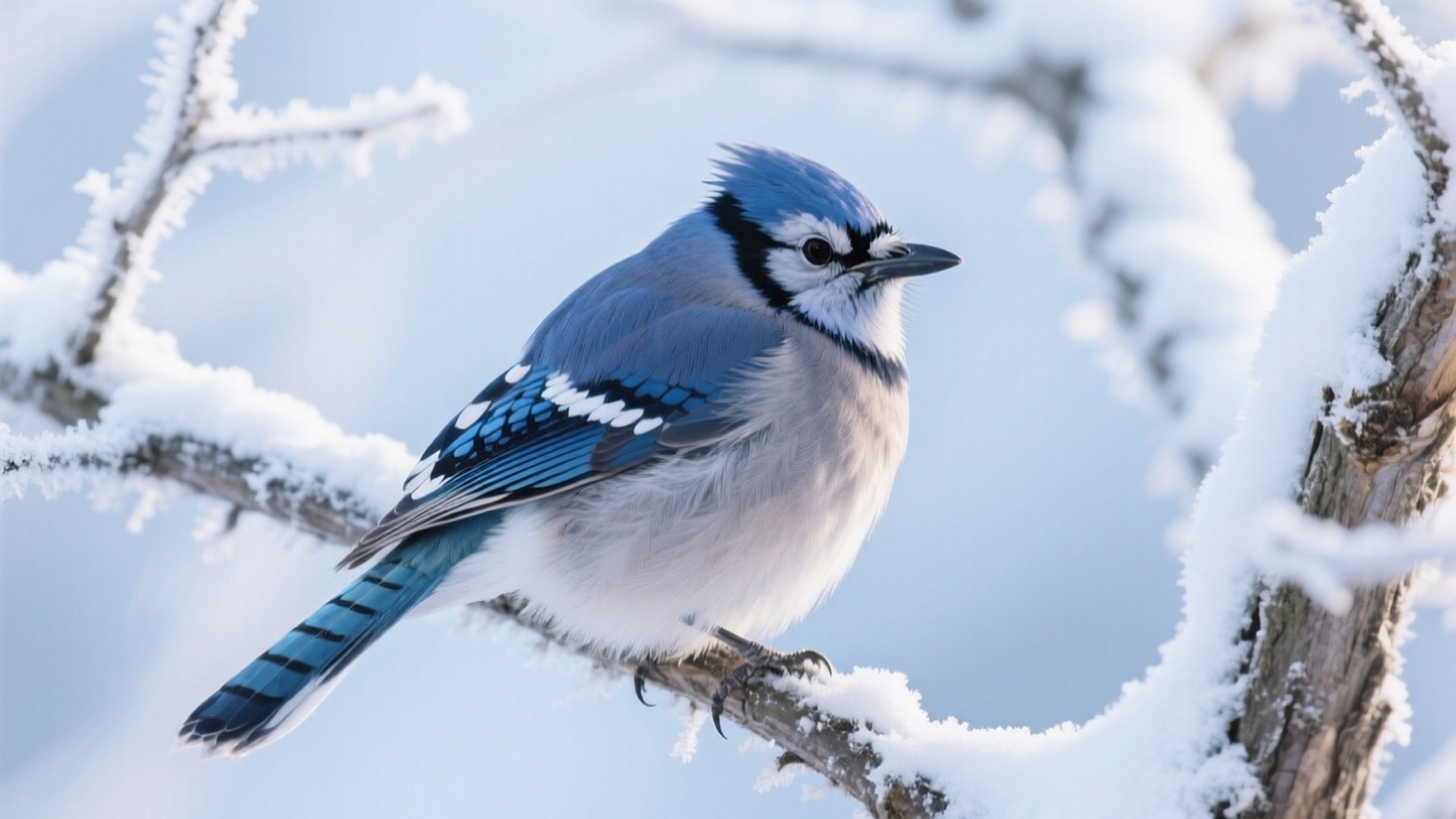 Winter Blue Jay 壁紙 — 一隻藍松鴉棲息在積雪的樹枝上，背景是柔和的藍色冬日天空。