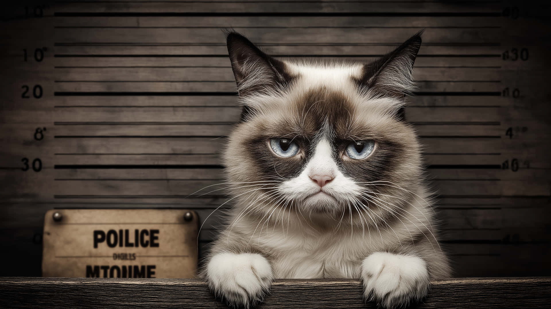 一隻暴躁貓咪以警方嫌犯照姿勢將爪子放在木製邊緣上。 — Meme 壁紙