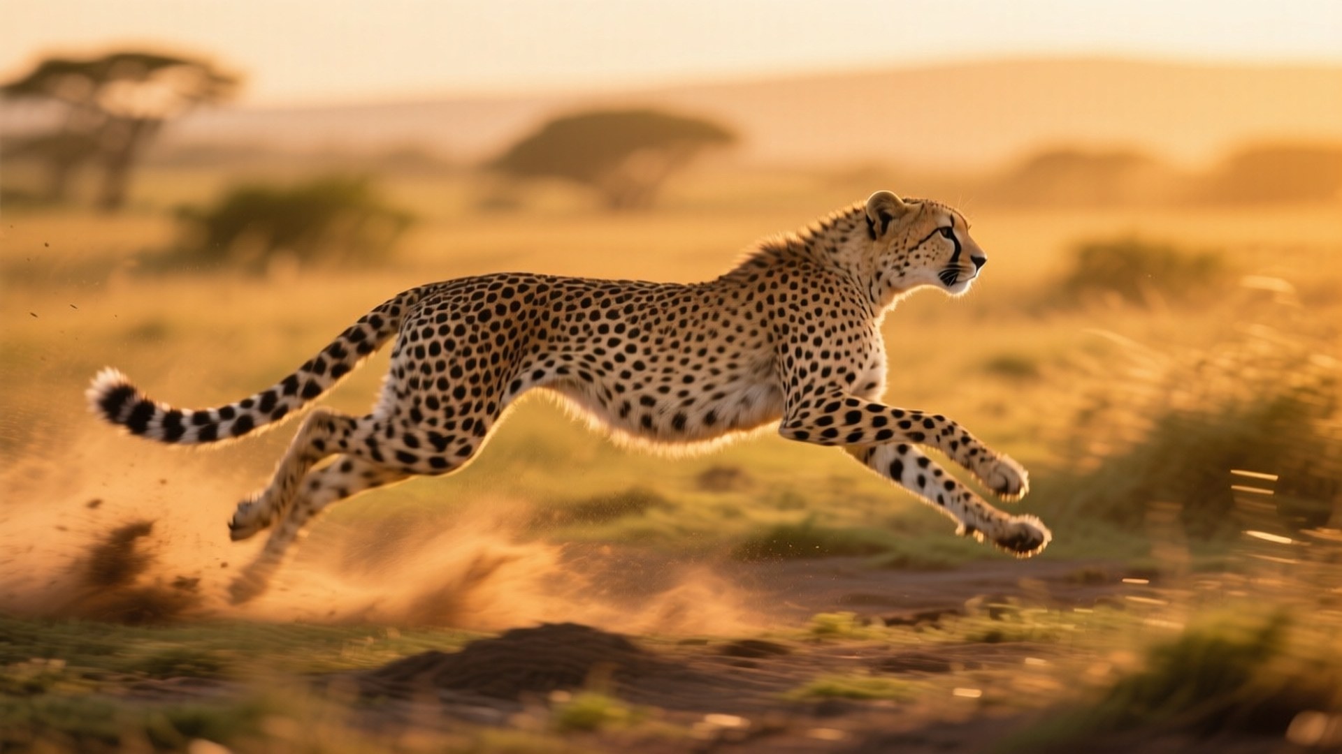 Cheetah Sprint 壁紙 — 一隻獵豹在溫暖的日落光下奔過金黃色的稀樹草原草地，揚起灰塵。