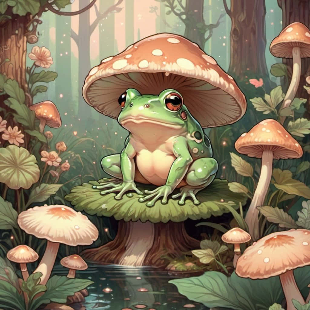  壁紙 — 一隻綠色大眼睛青蛙坐在長滿苔蘚的樹樁上，在魔法森林空地上的一朵巨大斑點蘑菇下。