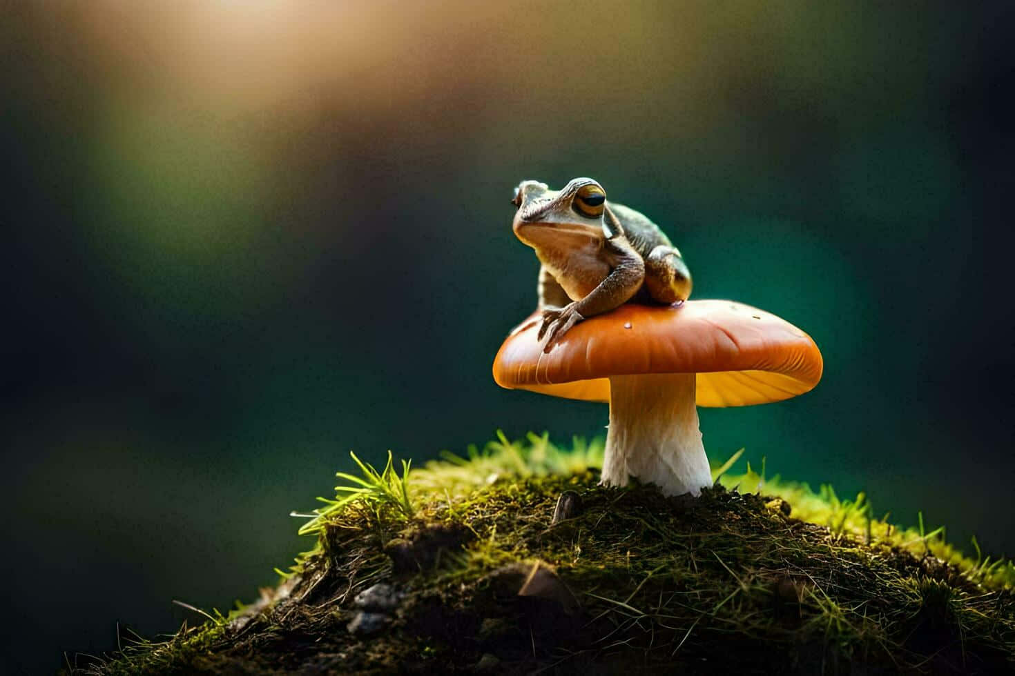  壁紙 — 一隻綠色小青蛙棲息在一個鮮橙色蘑菇上，在柔和的金色陽光中閃耀。