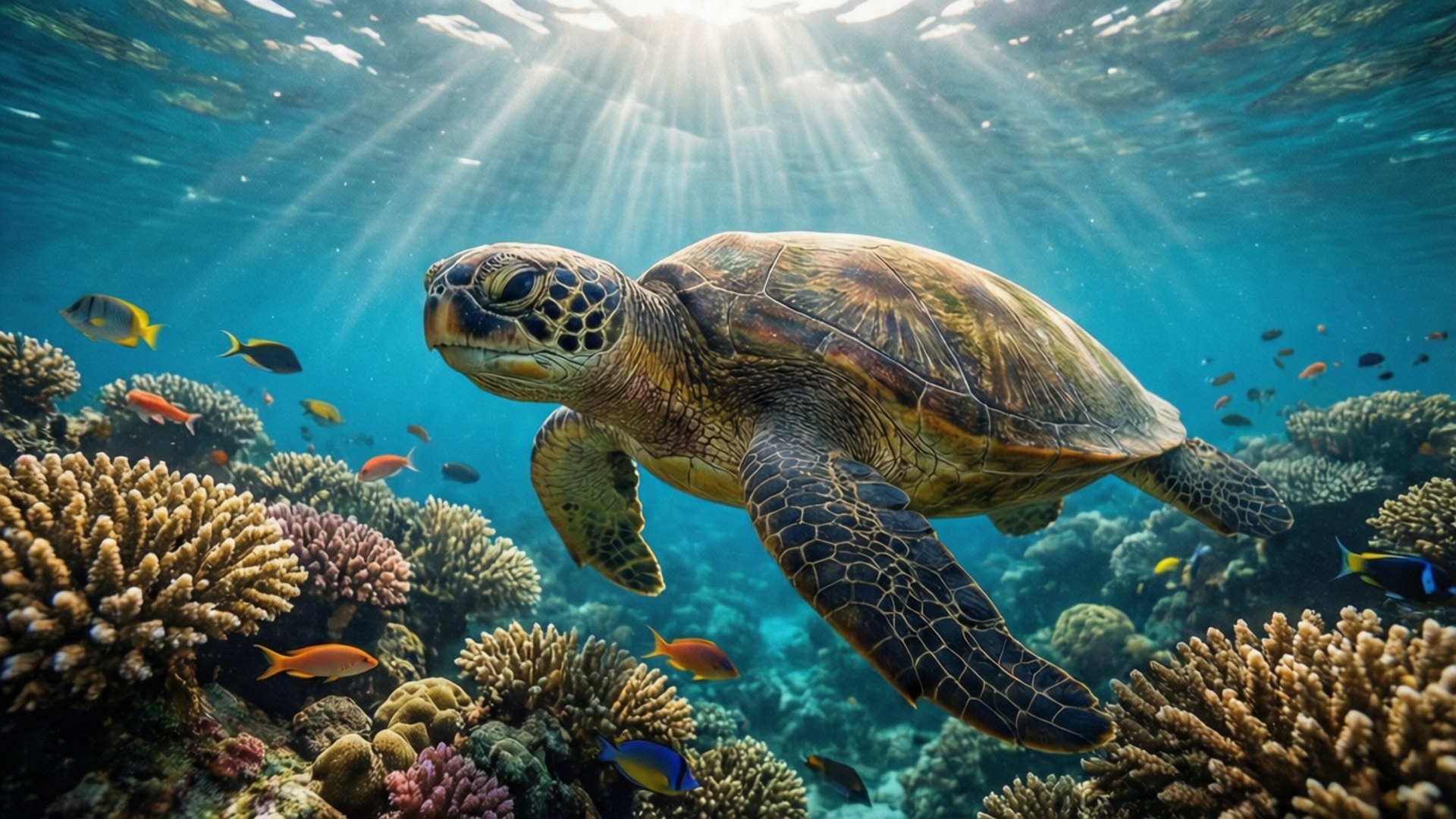 Reef Wanderer 壁紙 — 一隻綠蠵龜在充滿活力的珊瑚礁中優雅地滑行，陽光從上方照射下來。