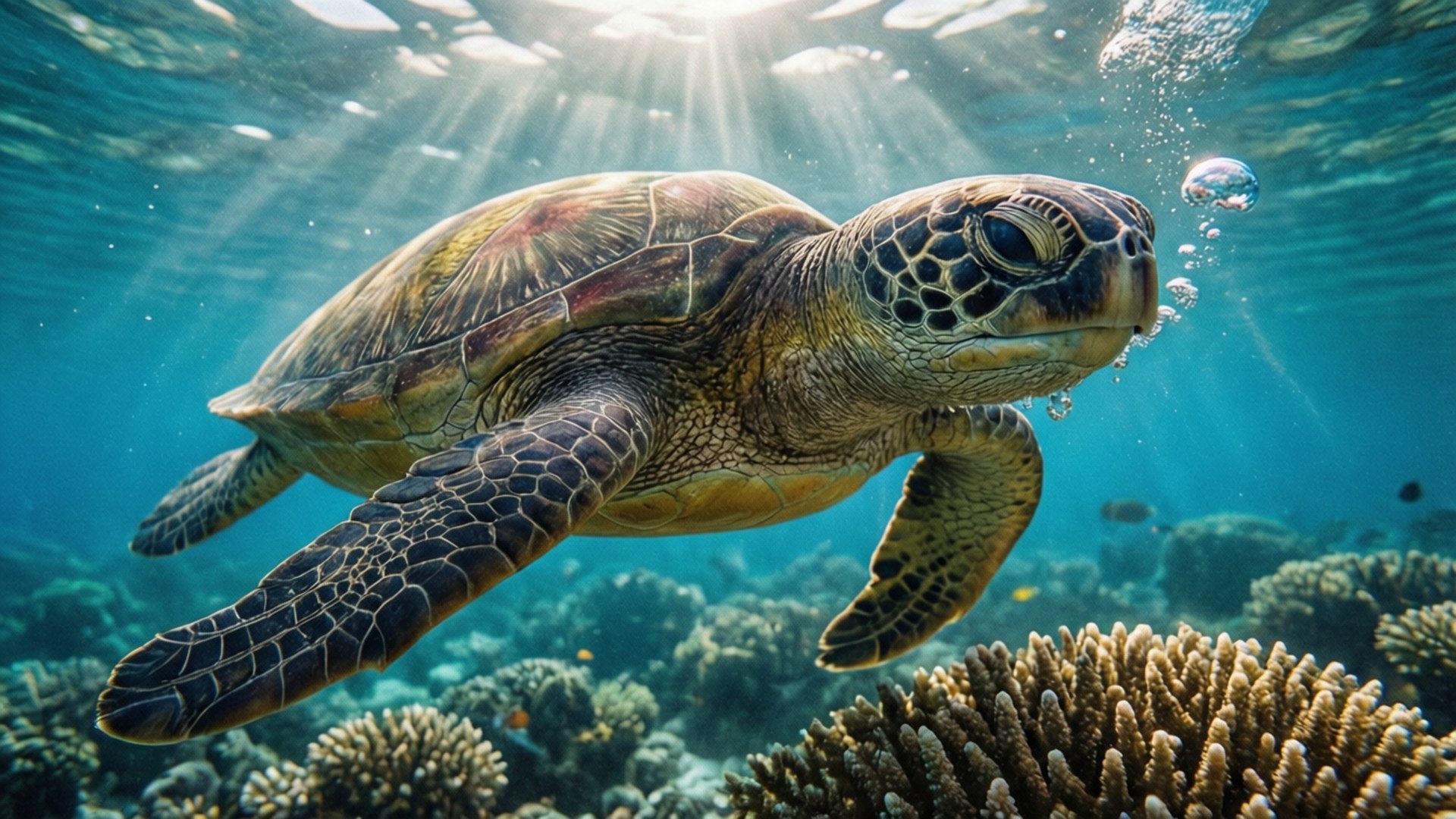 Sea Turtle Encounter 壁紙 — 一隻綠蠵龜在陽光普照的碧綠海水上優雅地滑過充滿活力的珊瑚礁。