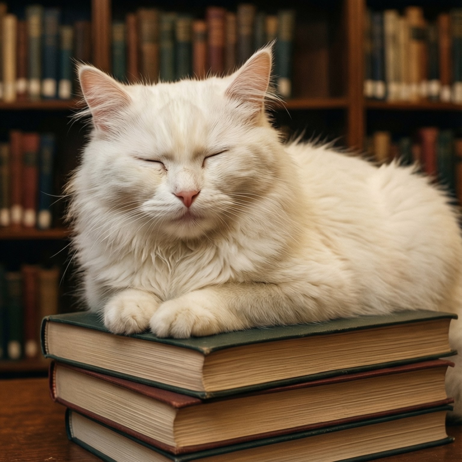 Lazy Library Cat 壁紙 — 一隻毛茸茸的白貓在舒適的圖書館環境中，安詳地睡在一堆舊書上。