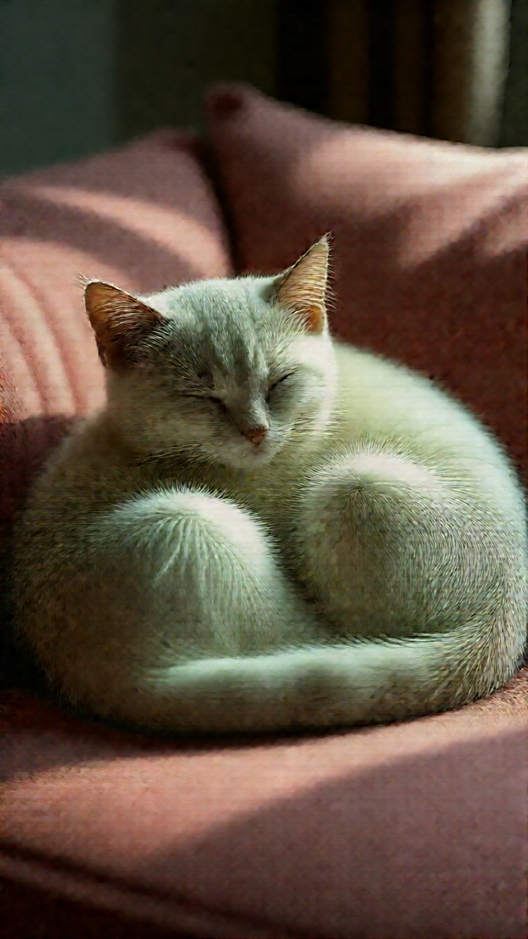 Cozy Cat Nap 壁紙 — 一隻毛茸茸的白貓在溫暖的陽光下蜷縮在柔軟的粉紅色墊子上睡著了。