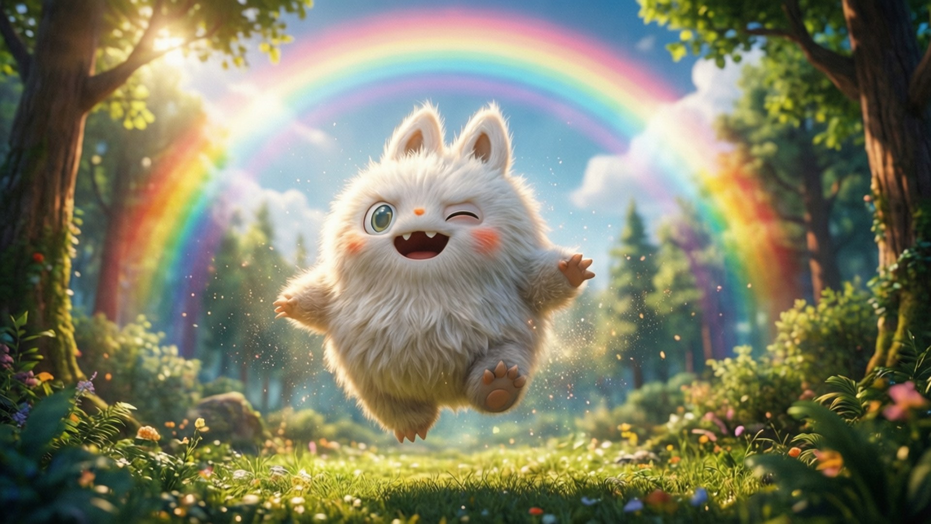 FF14 桌布 壁紙 — 一隻毛茸茸的白兔在陽光明媚的森林中歡快地跳躍，身後有一道鮮豔的彩虹拱起。