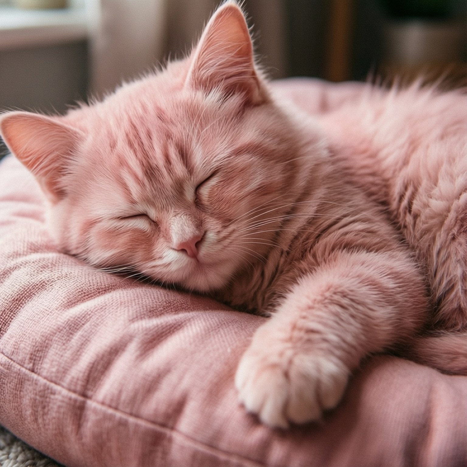 Pastel Pink Sleeping Cat 壁紙 — 一隻毛茸茸的粉紅色貓咪閉著眼睛，安詳地睡在柔軟的粉紅色墊子上。
