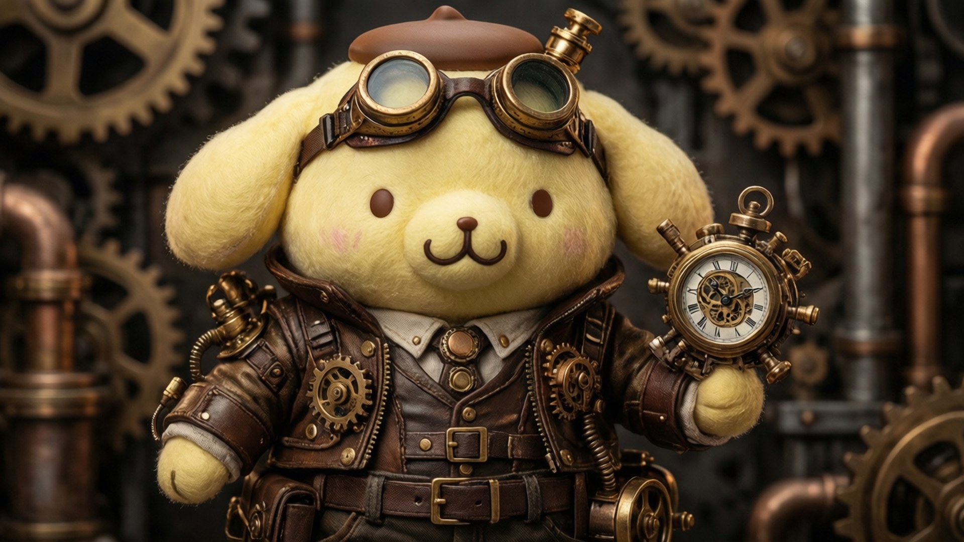 Steampunk Pompompurin 壁紙 — 一隻毛茸茸的黃色兔子穿著蒸氣龐克裝備，在齒輪和管道中拿著一個黃銅懷錶。