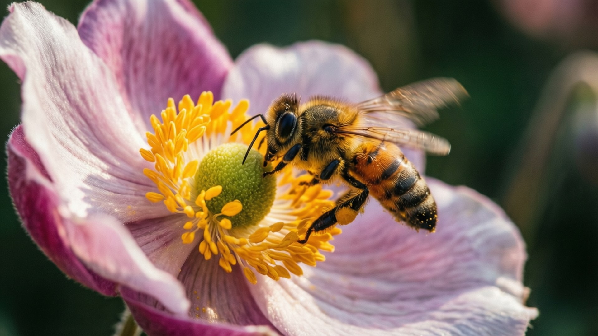 Bee on Anemone 壁紙 — 一隻毛茸茸的蜜蜂，腹部有條紋，正在從一朵柔軟粉紅色花朵的鮮黃色中心收集花粉。