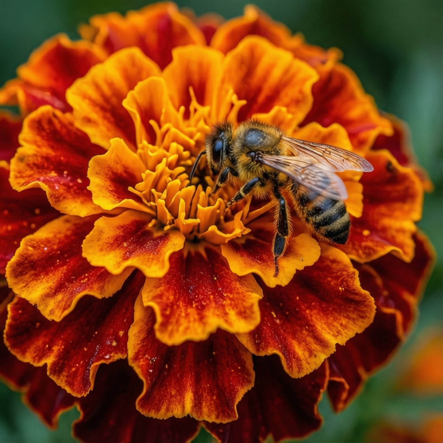 Marigold Bee Macro 壁紙 — 一隻毛茸茸的蜜蜂勤奮地從萬壽菊鮮豔的橙色和紅色花瓣中採集花蜜。