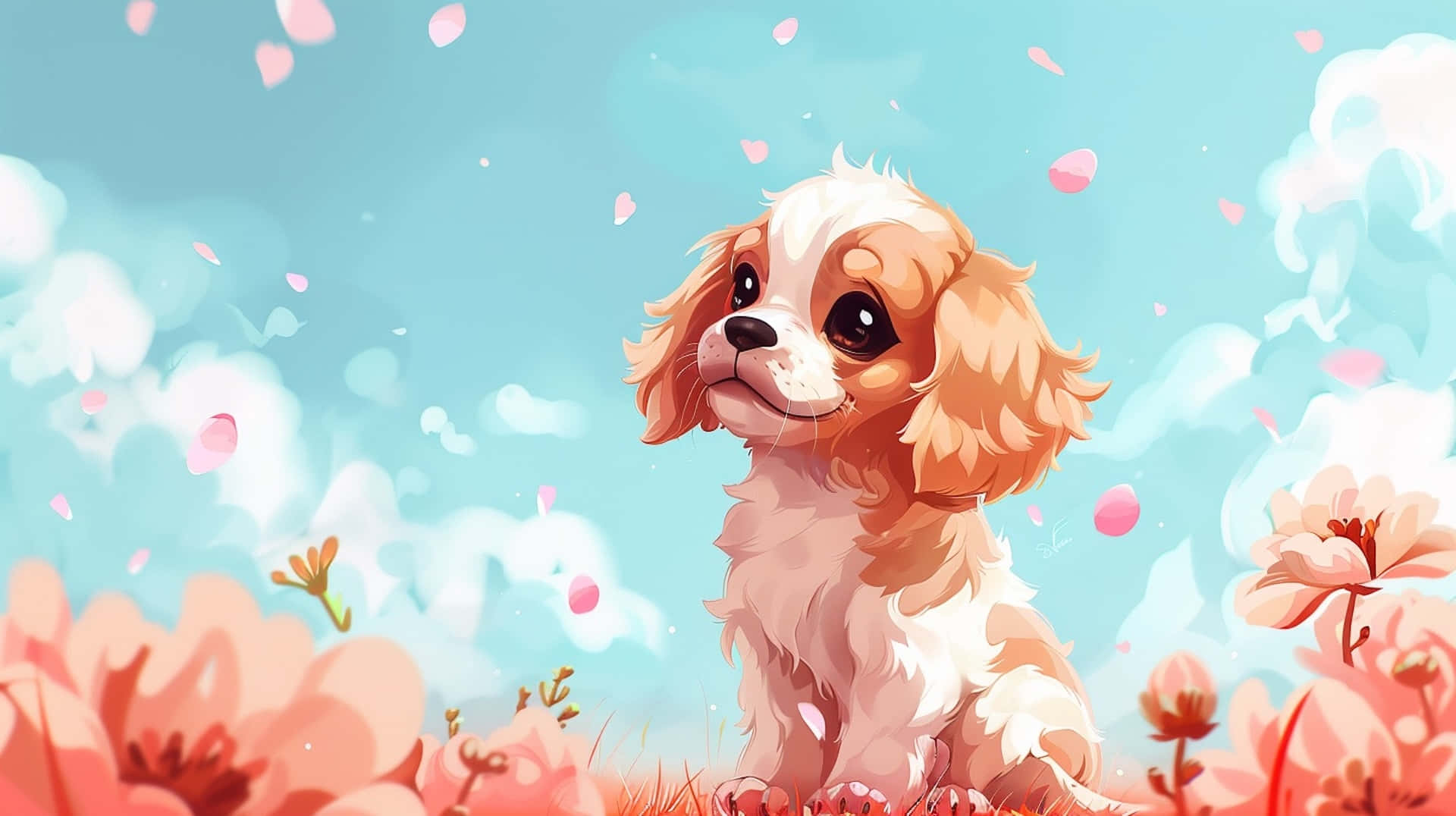  壁紙 — 一隻毛茸茸的騎士查理王小獵犬幼犬坐在盛開的粉紅色花朵中，背景是柔和的藍天，花瓣飄落。