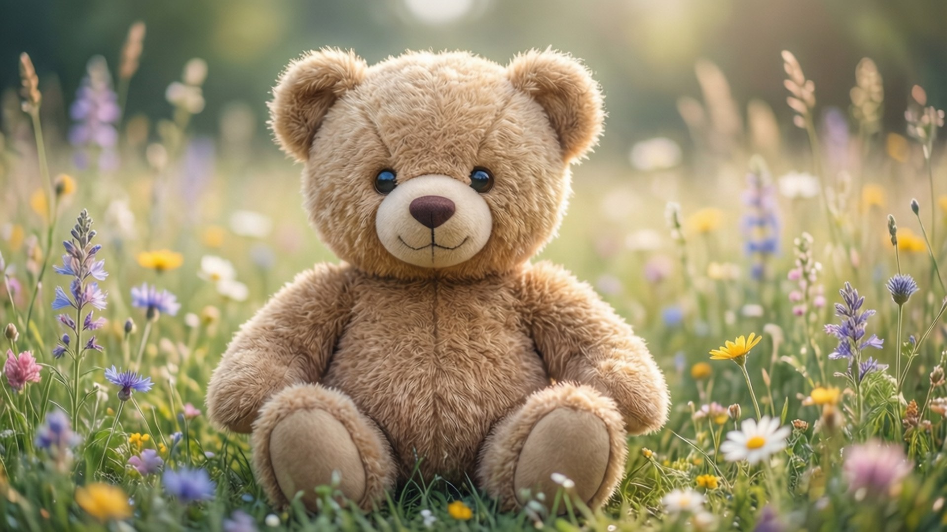 Teddy Bear in a Meadow 壁紙 — 一隻毛茸茸的淺棕色泰迪熊靜靜地坐在陽光明媚、開滿五顏六色野花的草地上。