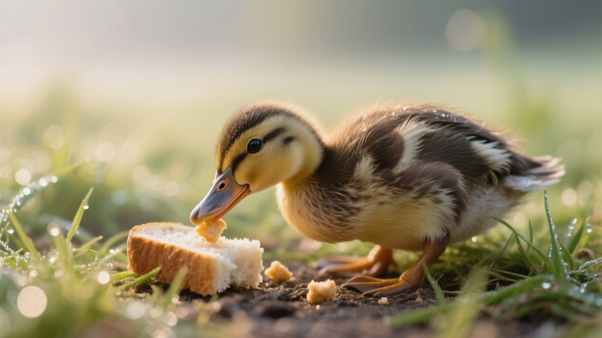 Duckling Morning Snack 壁紙 — 一隻毛茸茸的棕色和黃色羽毛小鴨在柔和的晨光中啄食露水草地上的一片麵包。