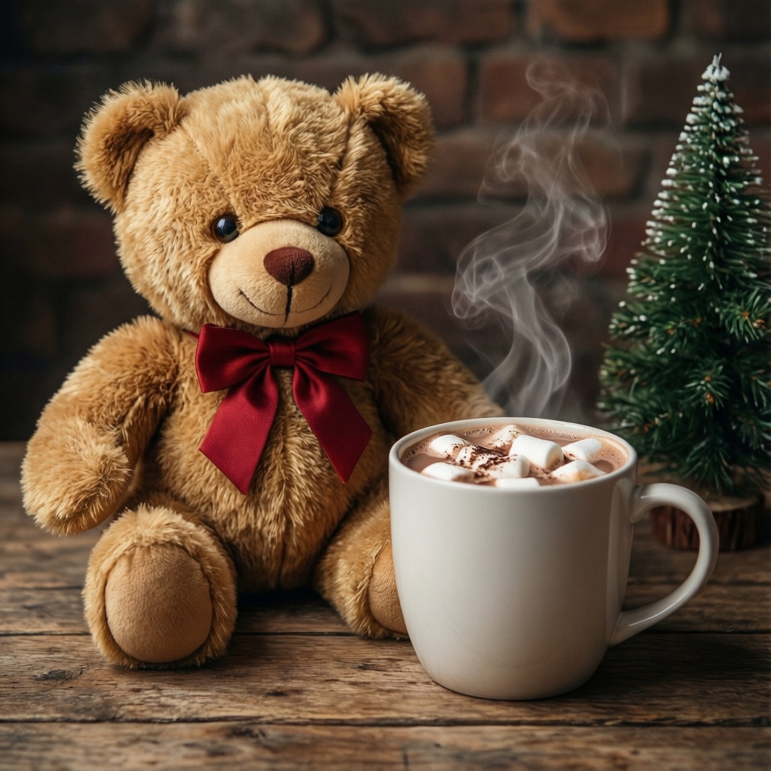 Teddy Bear with Hot Cocoa 壁紙 — 一隻毛茸茸的棕色泰迪熊繫著紅色蝴蝶結，坐在一杯冒著熱氣的熱巧克力（附棉花糖）旁邊，放在木桌上，旁邊有一棵小聖誕樹。