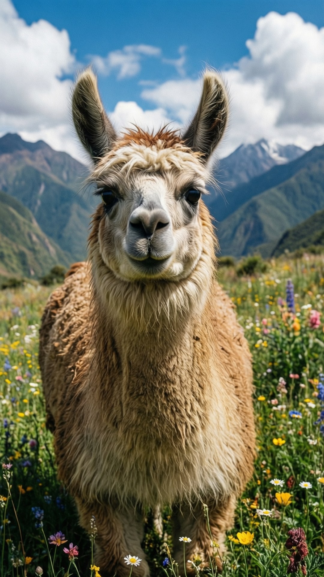 Andean Llama Portrait 壁紙 — 一隻毛茸茸的棕色羊駝站在充滿野花的草地上，背景是白雪覆蓋的山脈和藍天。