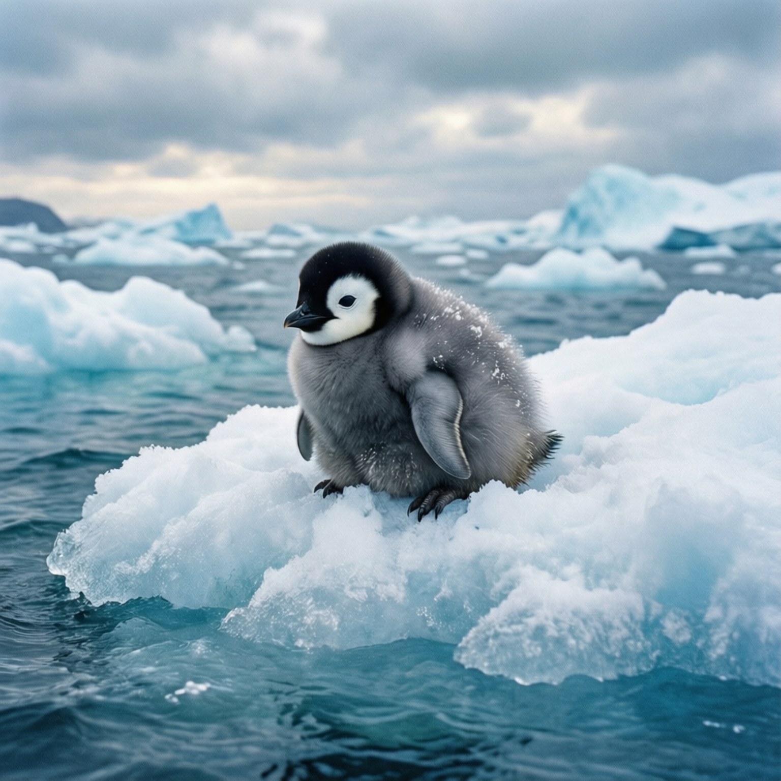 Penguin on Iceberg 壁紙 — 一隻毛茸茸的皇帝企鵝雛鳥棲息在雪白的浮冰上，周圍是冰冷的海洋和遠處的冰川，天空多雲。