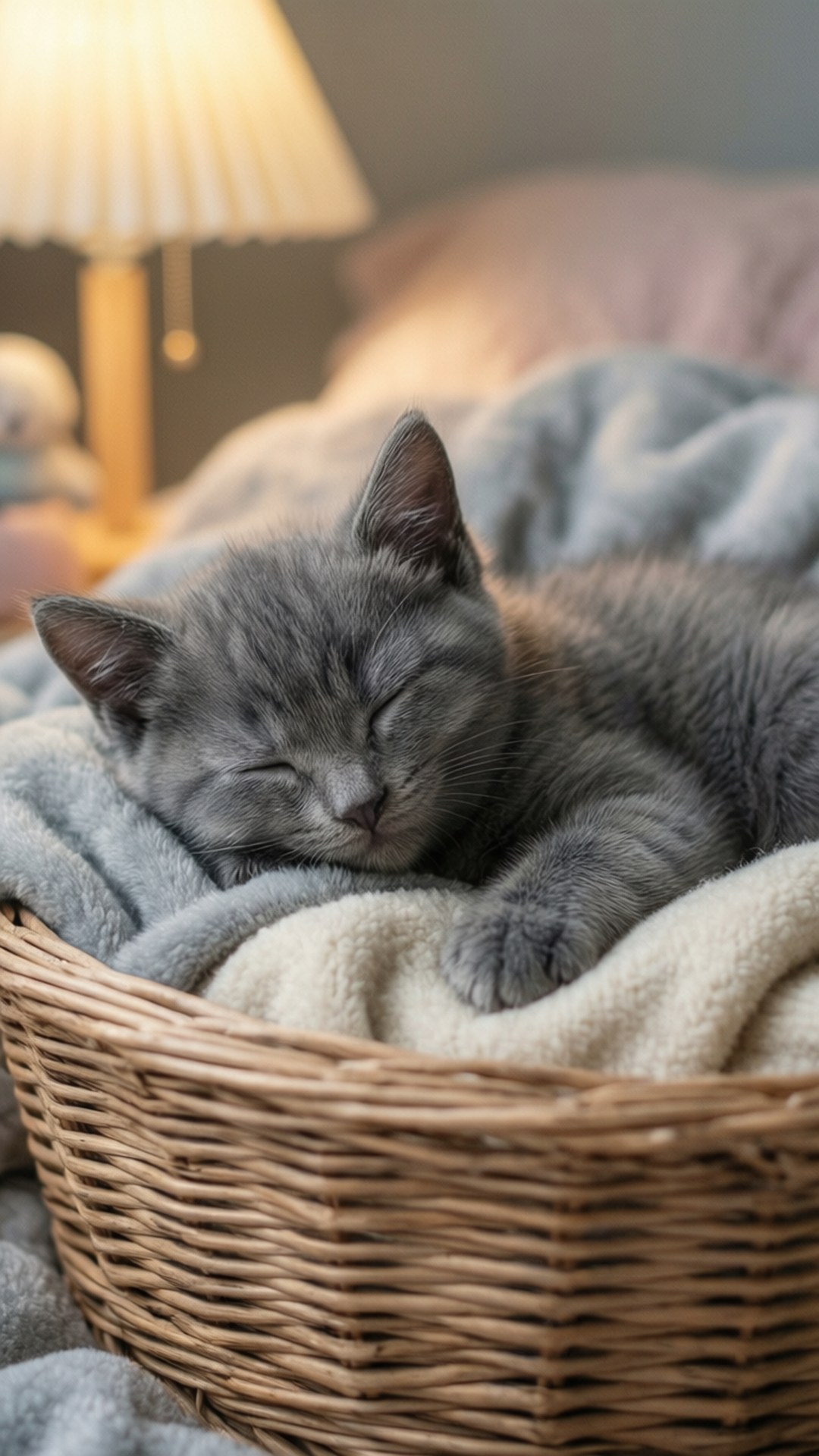 Sleeping Gray Kitten Basket 壁紙 — 一隻毛茸茸的灰色小貓在鋪著柔軟毯子的編織籃子裡，在溫暖的燈光下安然入睡。