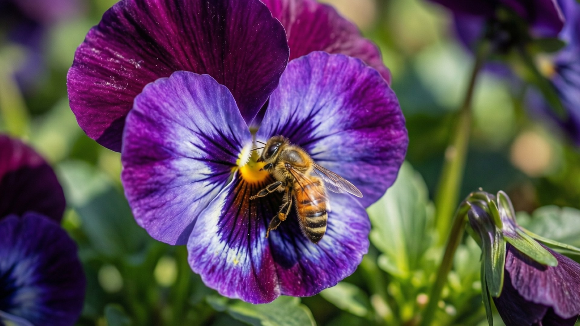 Pollinating Bee Visit 壁紙 — 一隻蜜蜂從一朵鮮豔的紫色三色堇中採集花蜜，花朵有黃色中心和白色條紋。