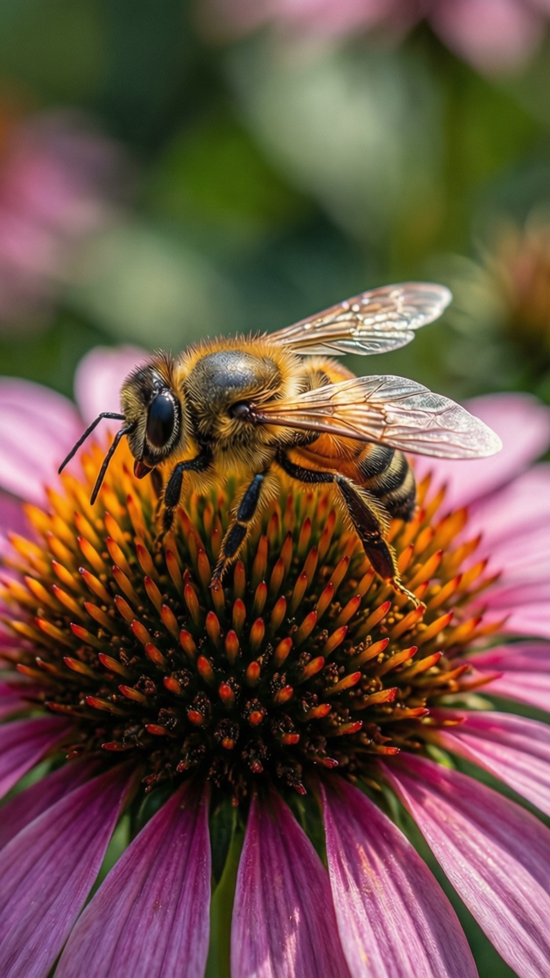 Bee on Coneflower 壁紙 — 一隻帶有毛茸茸金色和黑色條紋的蜜蜂棲息在鮮豔的紫色金光菊上，中心為橙色。