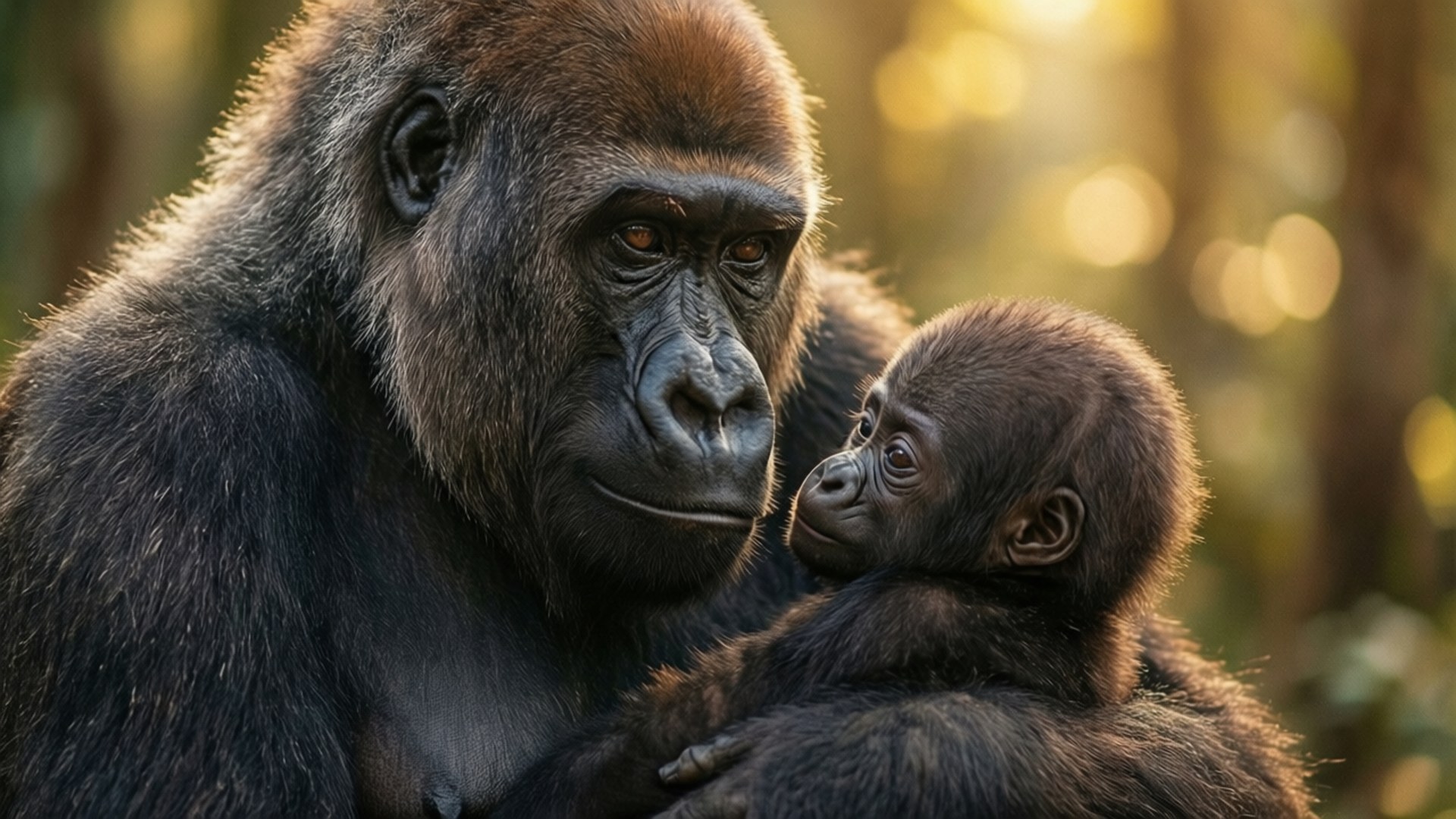 Gorilla Mother Love 壁紙 — 一隻母大猩猩在陽光普照的森林中抱著嬰兒，背景是金色的散景效果。