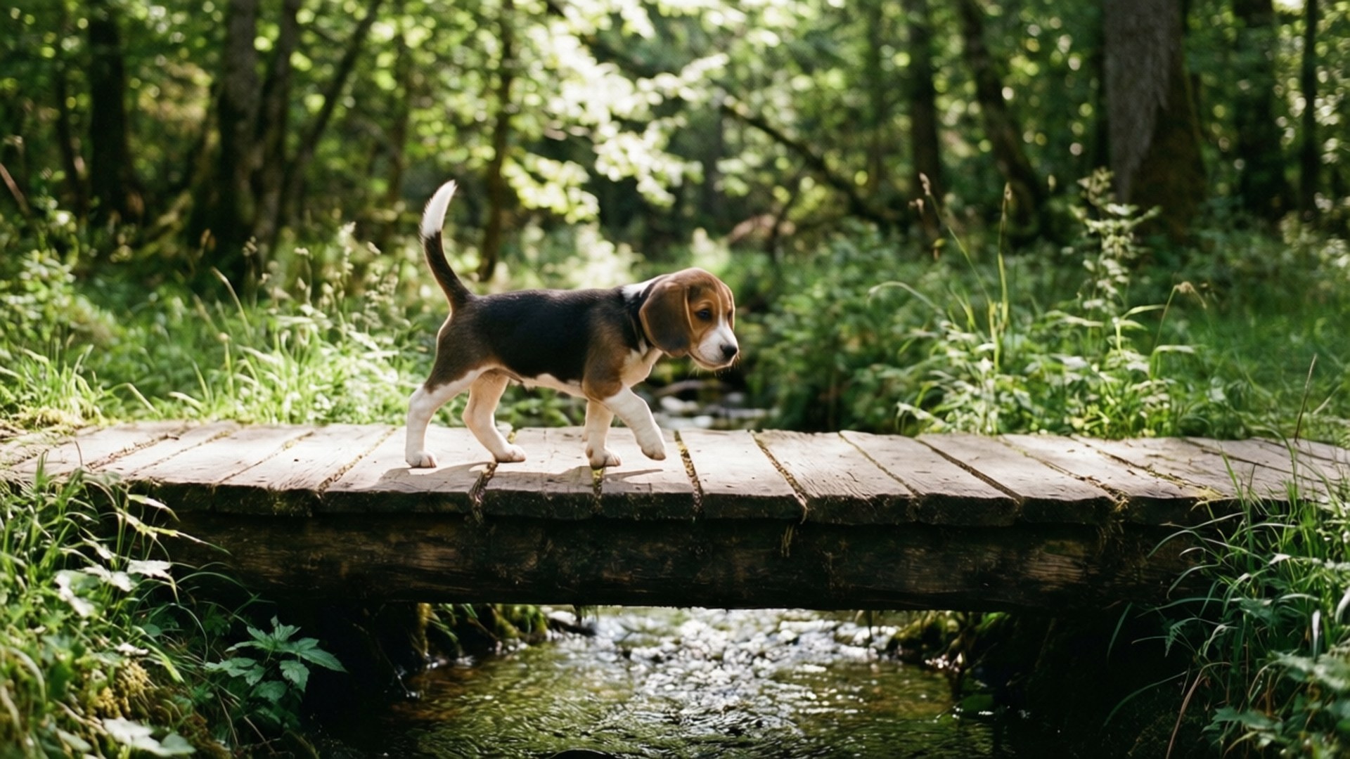 Beagle Bridge Walk 壁紙 — 一隻年輕的比格犬，毛色為棕色、黑色和白色，小心翼翼地走過一條風化的木橋，橋下是陽光照耀的小溪，周圍是茂密的綠色森林。