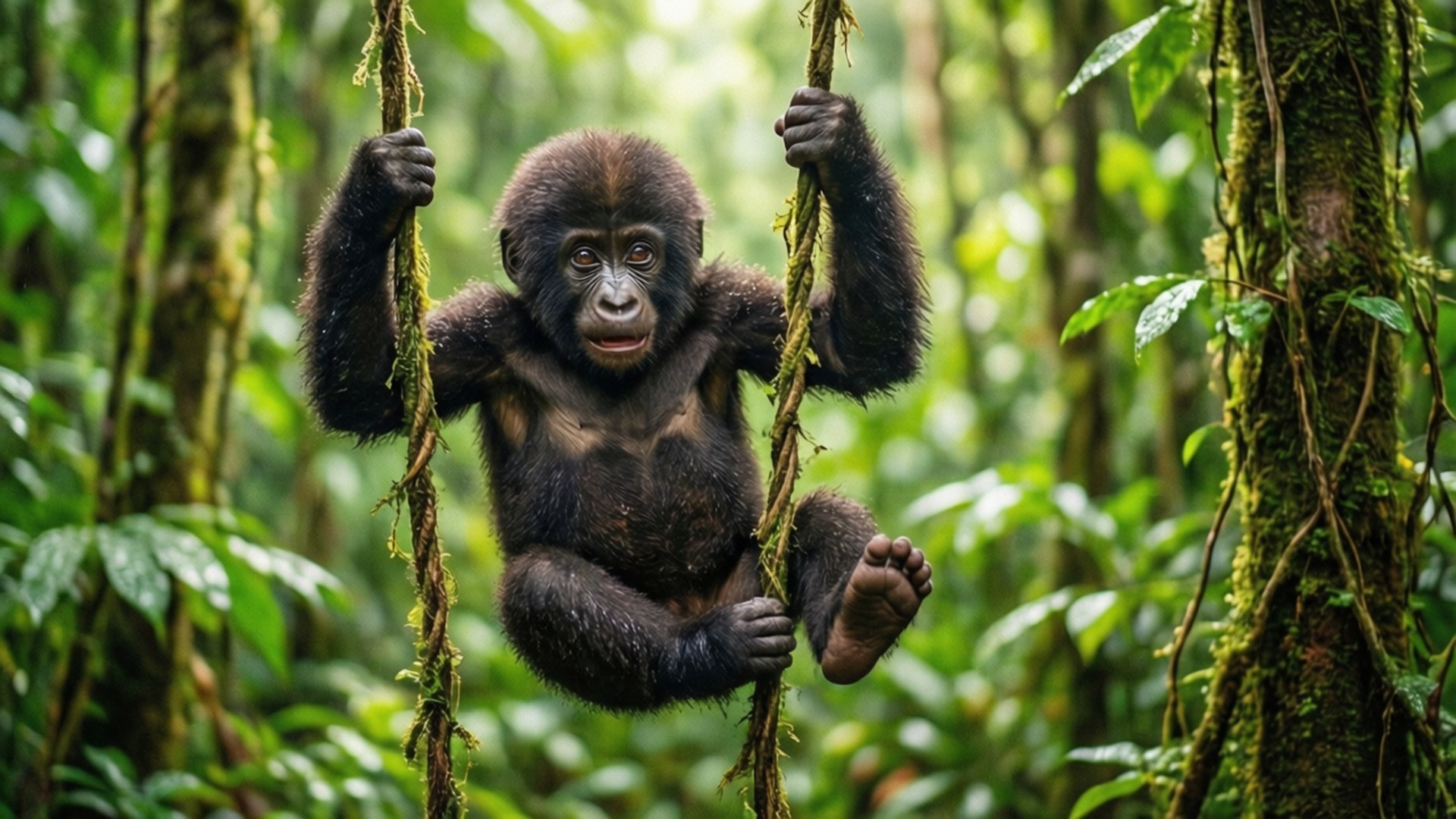 Playful Baby Gorilla 壁紙 — 一隻年輕的大猩猩掛在兩條藤蔓上，身處一個長滿苔蘚樹木和斑駁陽光的茂密綠色叢林。