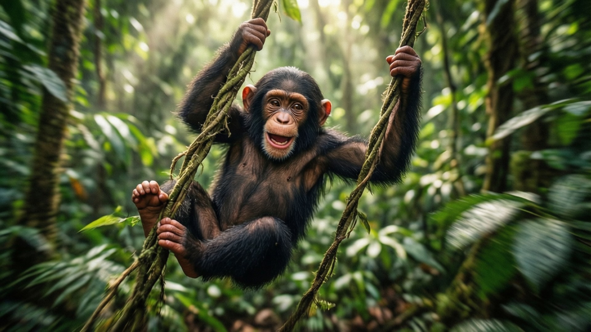 Playful Chimp Swing 壁紙 — 一隻年輕的黑猩猩在陽光普照的叢林中快樂地掛在藤蔓上，周圍是茂密的綠色樹葉。