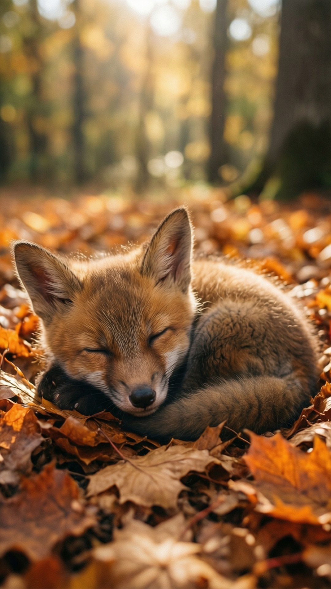 Sleeping Fox 壁紙 — 一隻年輕的狐狸在斑駁的陽光下，蜷縮在金黃色的秋葉床上安詳地睡著。