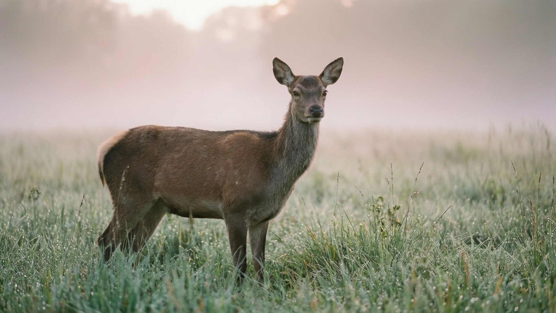 Deer Misty Dawn 壁紙 — 一隻年輕的鹿在霧氣瀰漫的黎明草地上警覺地站著，草地上有露水覆蓋，柔和的粉紅色光線穿過樹木。