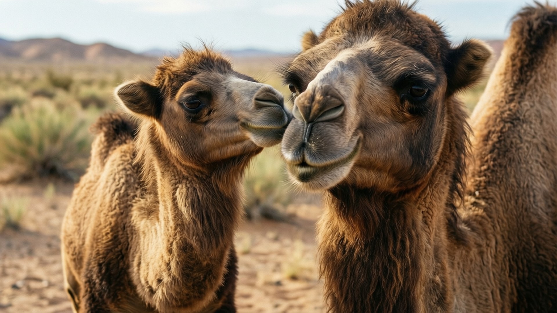 Mother and Baby Camel 壁紙 — 一隻年輕駱駝在陽光明媚的沙漠景觀中，背景有遠山，親熱地依偎著一隻成年駱駝。