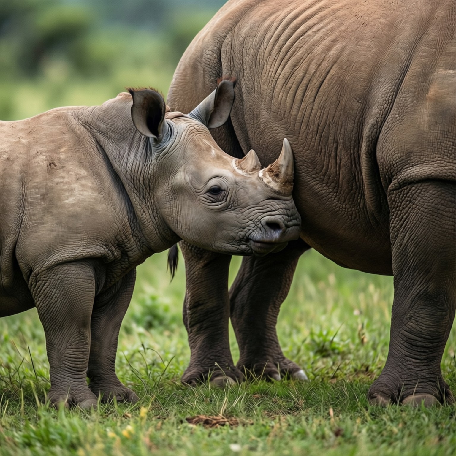 Nursing Rhino Calf 壁紙 — 一隻年輕犀牛在柔和的自然光下，於茂密的綠色草地上依偎在母親身邊。
