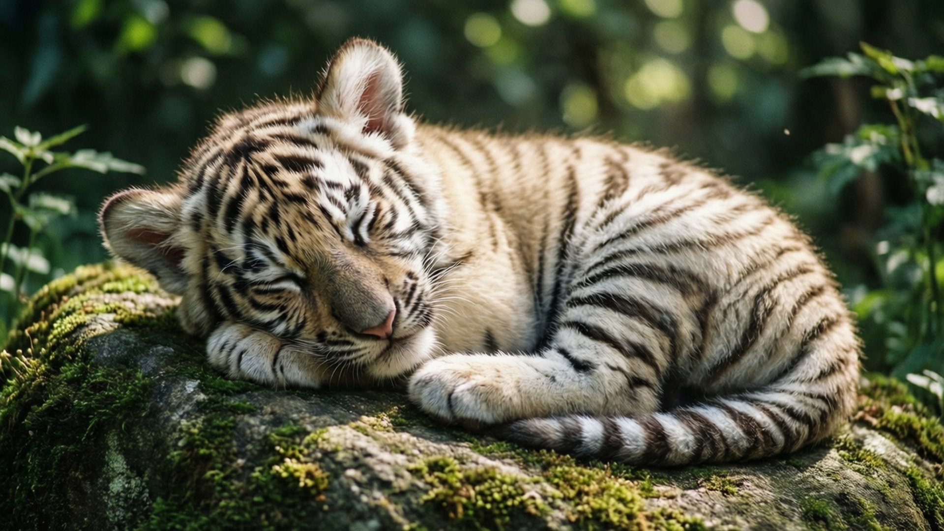 Sleeping White Tiger on Mossy Rock 壁紙 — 一隻年幼老虎寶寶在陽光明媚的森林中，蜷縮在長滿苔蘚的石頭上安詳地睡覺。