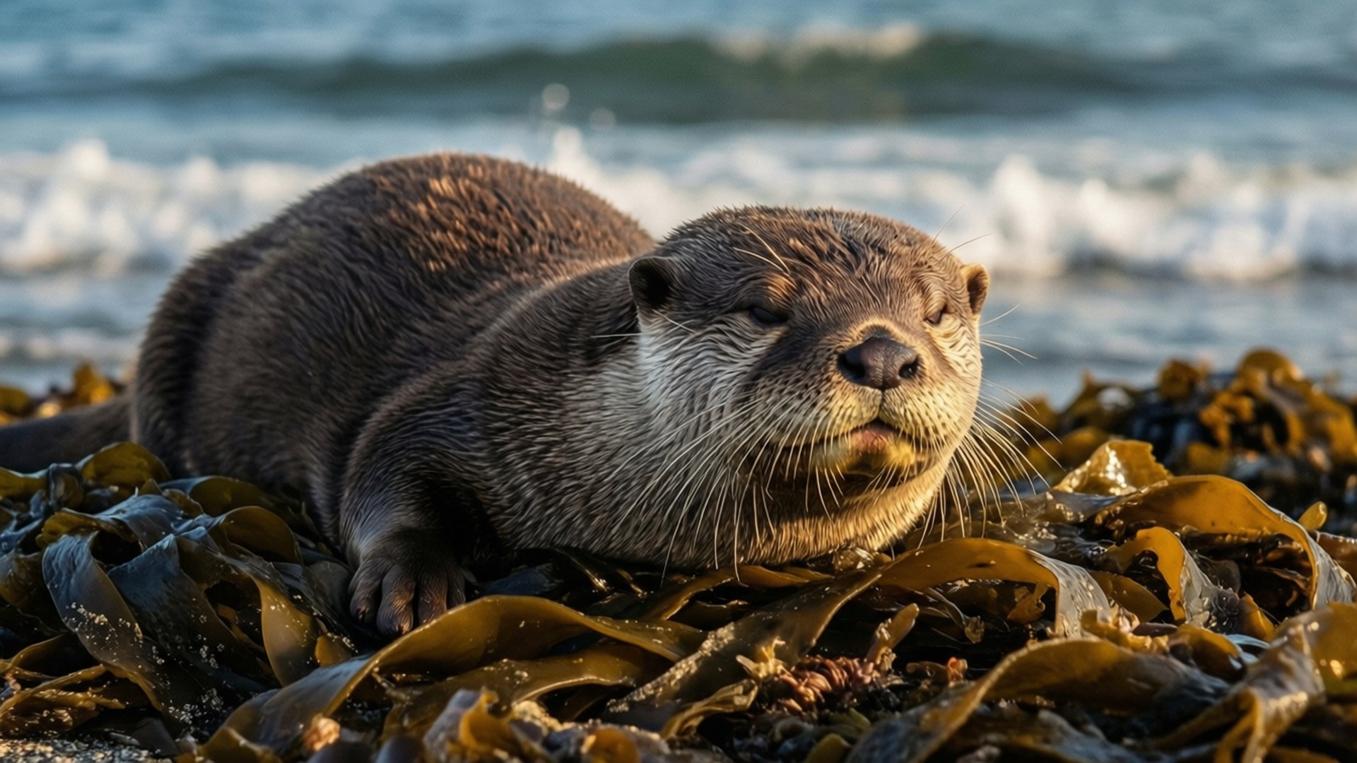 Resting Otter on Kelp 壁紙 — 一隻寧靜的水獺躺在棕色海藻床上休息，身後有溫柔的海浪翻滾而來。