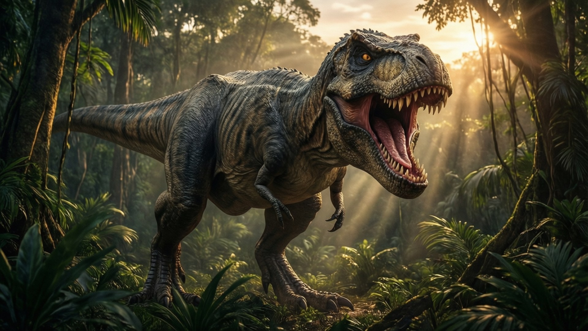 T-Rex Roar at Dusk 壁紙 — 一隻咆哮的暴龍站在陽光明媚的叢林中，光線穿過樹冠。