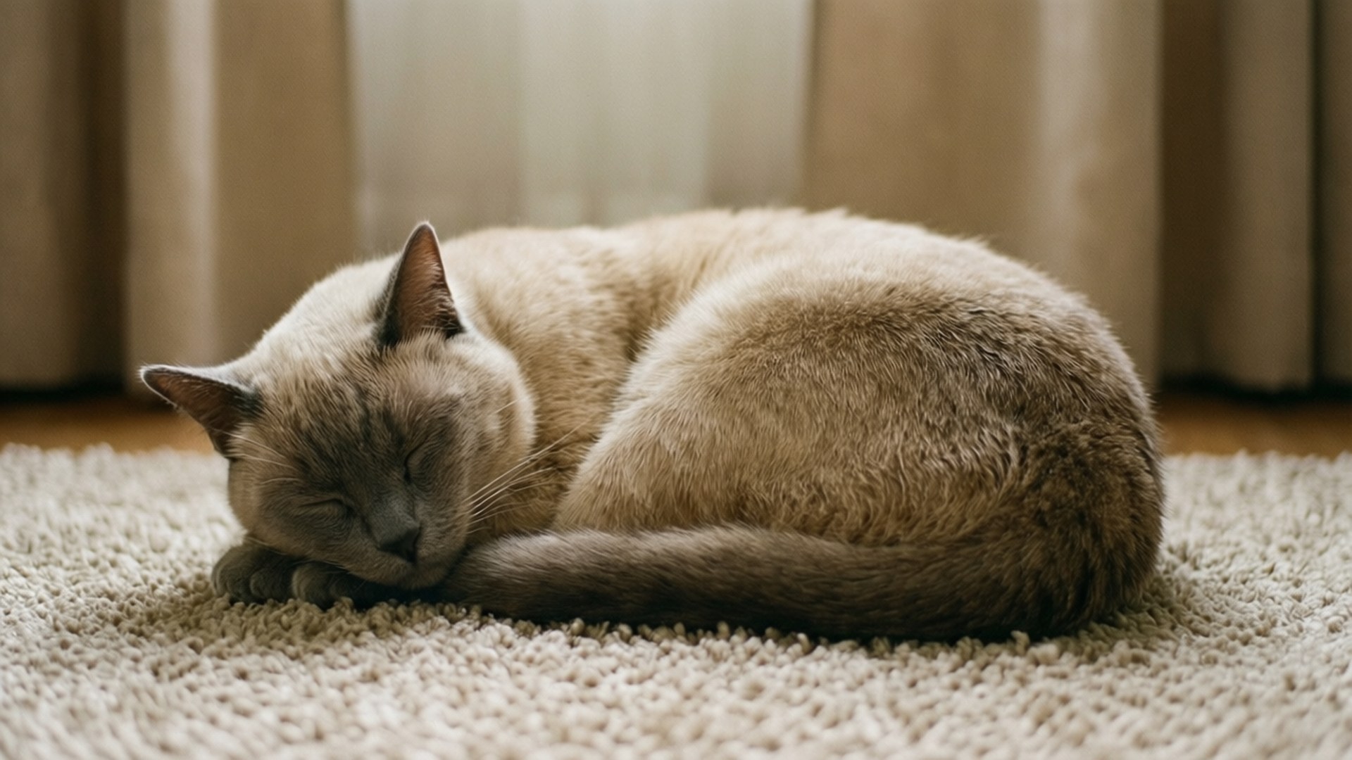 Sleeping Beige Cat 壁紙 — 一隻平靜的奶油色貓咪蜷縮在柔軟的米色地毯上睡覺，背景中的窗簾柔和地模糊。
