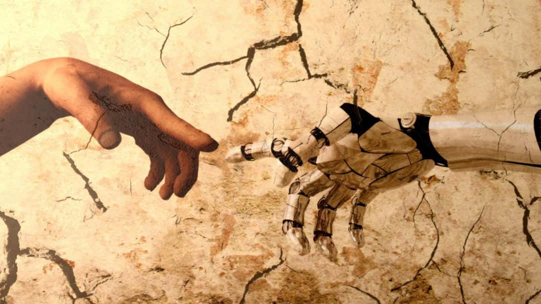 人類的手伸向機械手，裂縫舊牆 — 3D 壁紙