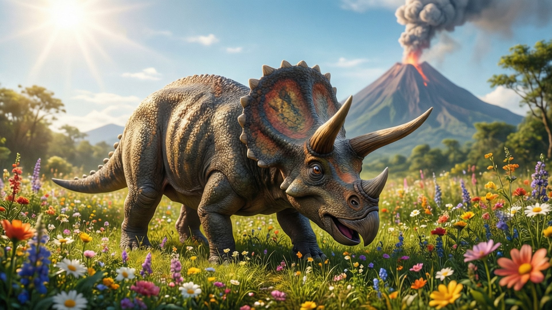 Triceratops Meadow 壁紙 — 一隻三角龍站在充滿色彩繽紛野花的草地上，背景中一座火山在明亮的陽光下噴發。