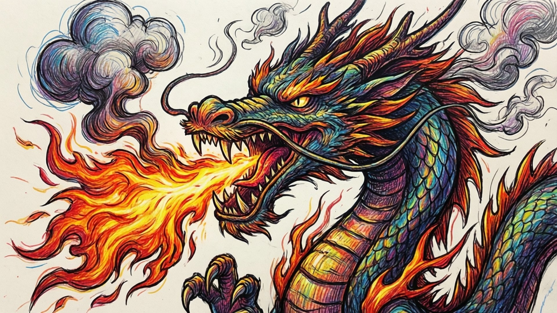 Colorful Dragon Fire Doodle 壁紙 — 一隻色彩繽紛、充滿活力的龍，張開嘴巴噴出熾熱的橙色火焰，背景為白色。