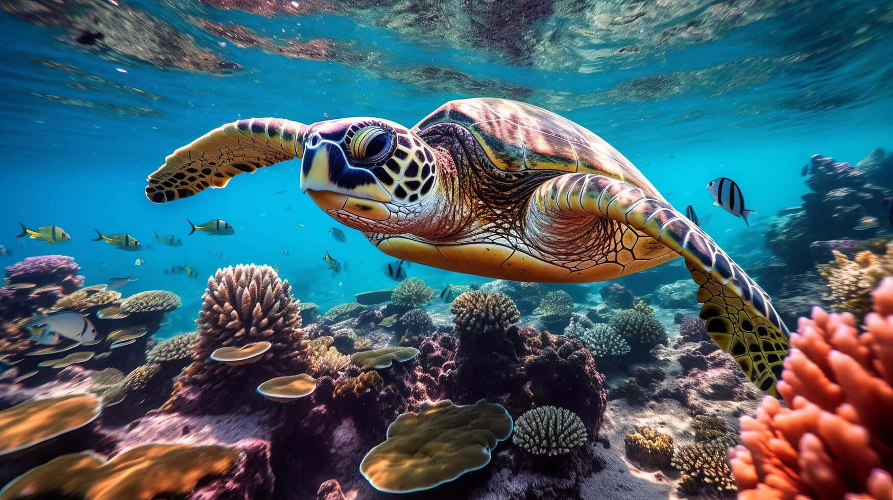  壁紙 — 一隻色彩鮮豔的海龜在清澈的藍色海水下，優雅地滑過充滿熱帶魚的繽紛珊瑚礁。