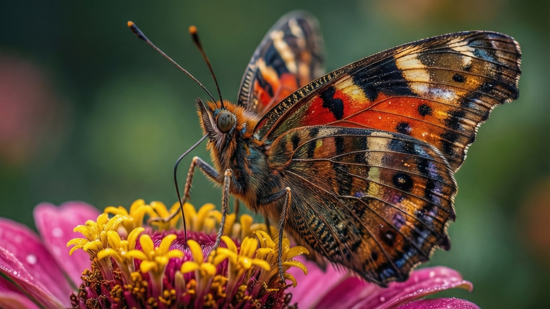 Butterfly on Flower 壁紙 — 一隻色彩鮮豔的蝴蝶，翅膀呈橙色、黑色和白色，輕輕停在一朵帶有黃色雄蕊的粉紅色花朵上。