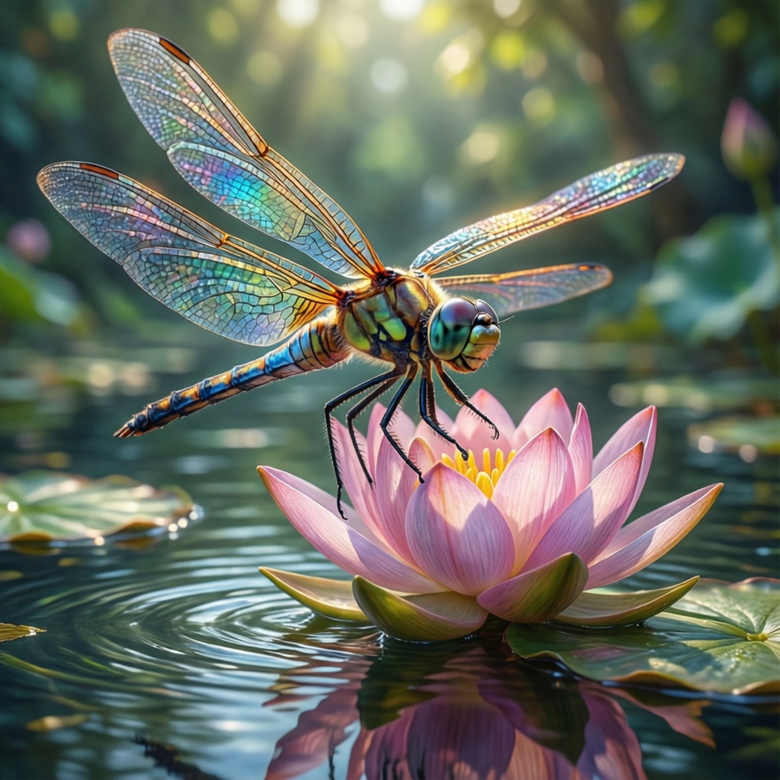 Lotus Pond Dragonfly 壁紙 — 一隻色彩鮮豔的蜻蜓，帶有彩虹色的翅膀，輕輕停在一朵漂浮在平靜水面上的粉紅色蓮花上。