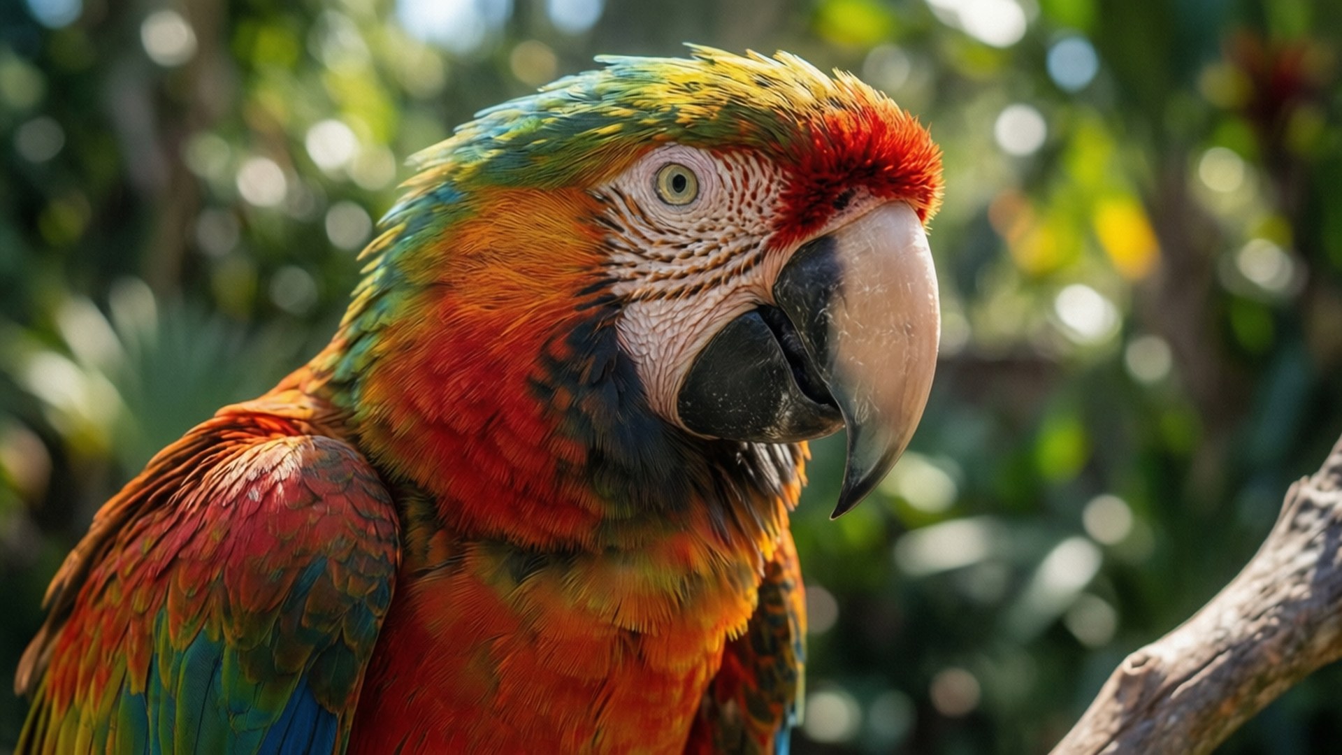 Macaw Tropical Portrait 壁紙 — 一隻色彩鮮豔的鸚鵡，帶有火紅橙和綠色羽毛，棲息在樹枝上，背景是陽光普照、模糊的叢林。