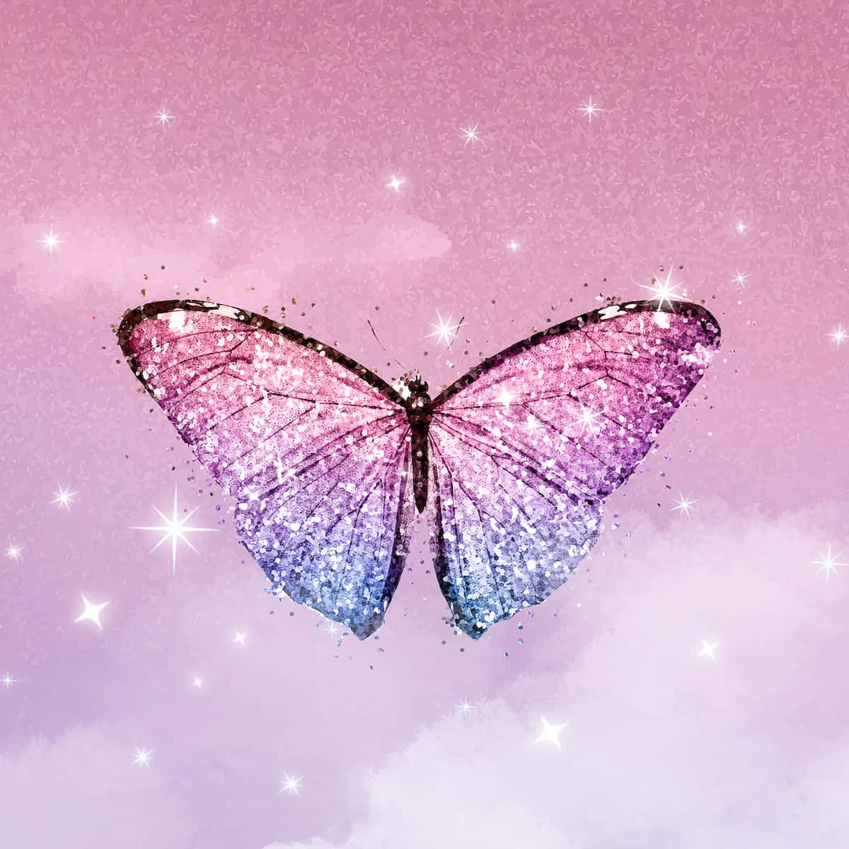 Butterfly Art 桌布 壁紙 — 一隻閃爍的蝴蝶，翅膀從粉紅色到藍色，在閃爍的粉紫色星空下飛翔。