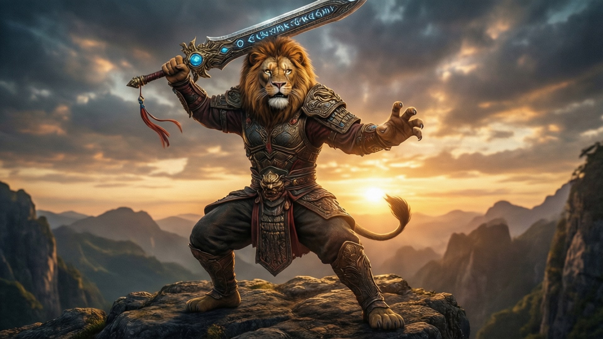 Heroic Lion-O at Sunset 壁紙 — 一隻身穿華麗盔甲的獅子戰士站在日落時分的岩石山峰上，揮舞著發光的劍，背景是戲劇性的山脈。