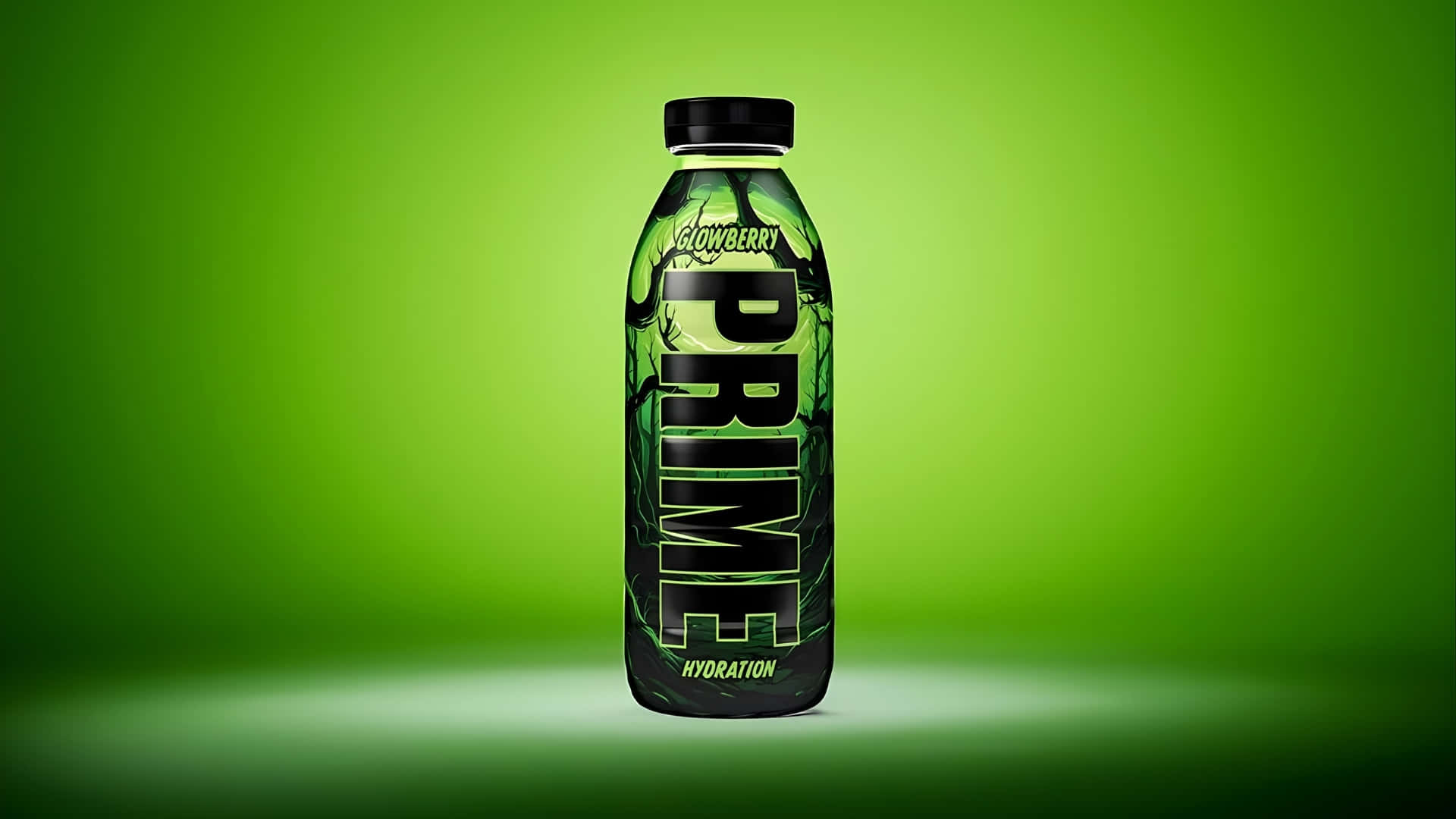  壁紙 — 一支時尚的黑色Prime Glowberry Hydration瓶子，置於充滿活力的綠色漸變背景中央。