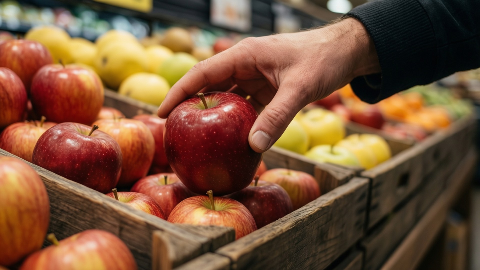 Fresh Apple Selection 壁紙 — 一隻手從雜貨店裝滿新鮮水果的木箱中挑選一個閃亮的紅蘋果。